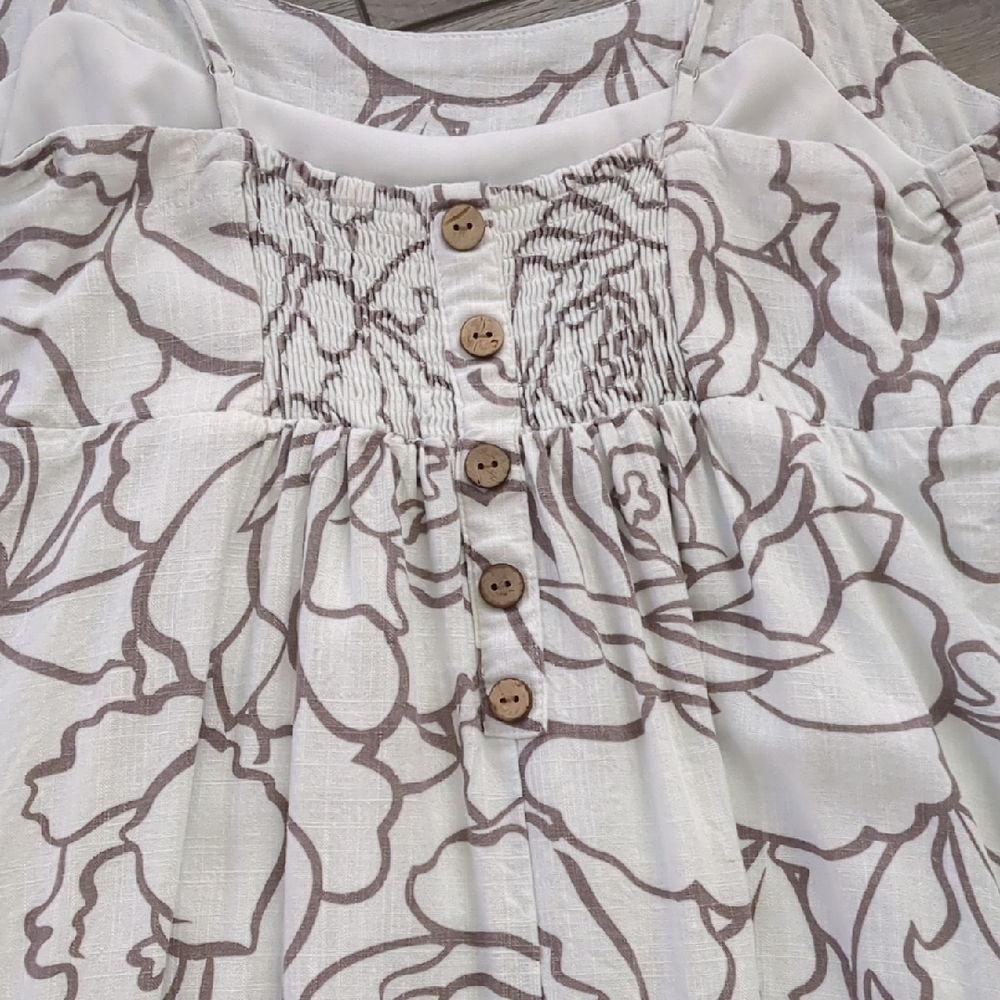 White and Brown Floral Dress With Button Detailing - Picture 5 of 11